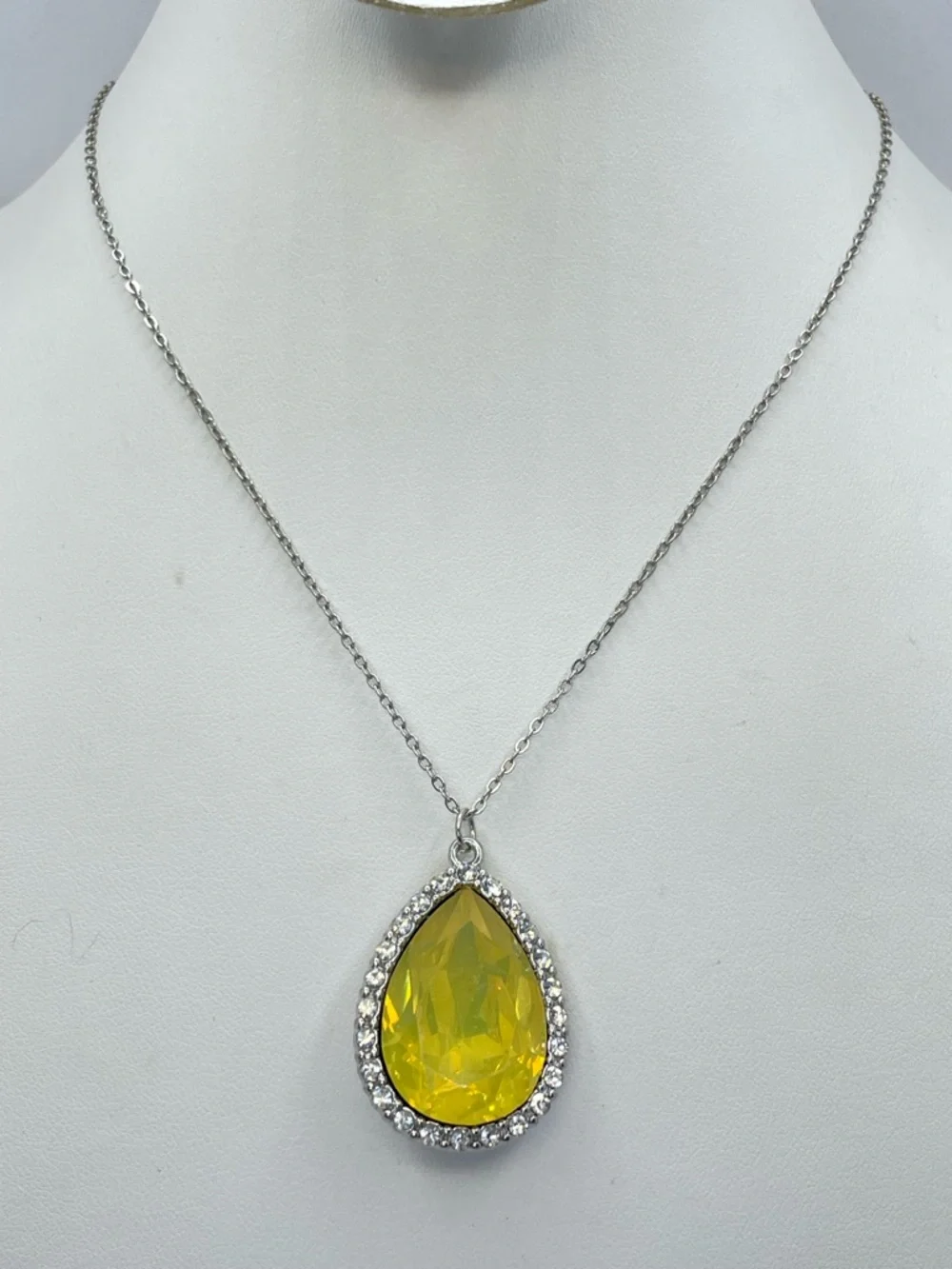 Yellow Crystal Teardrop Pendant Necklace Silver Tone Halo Dainty